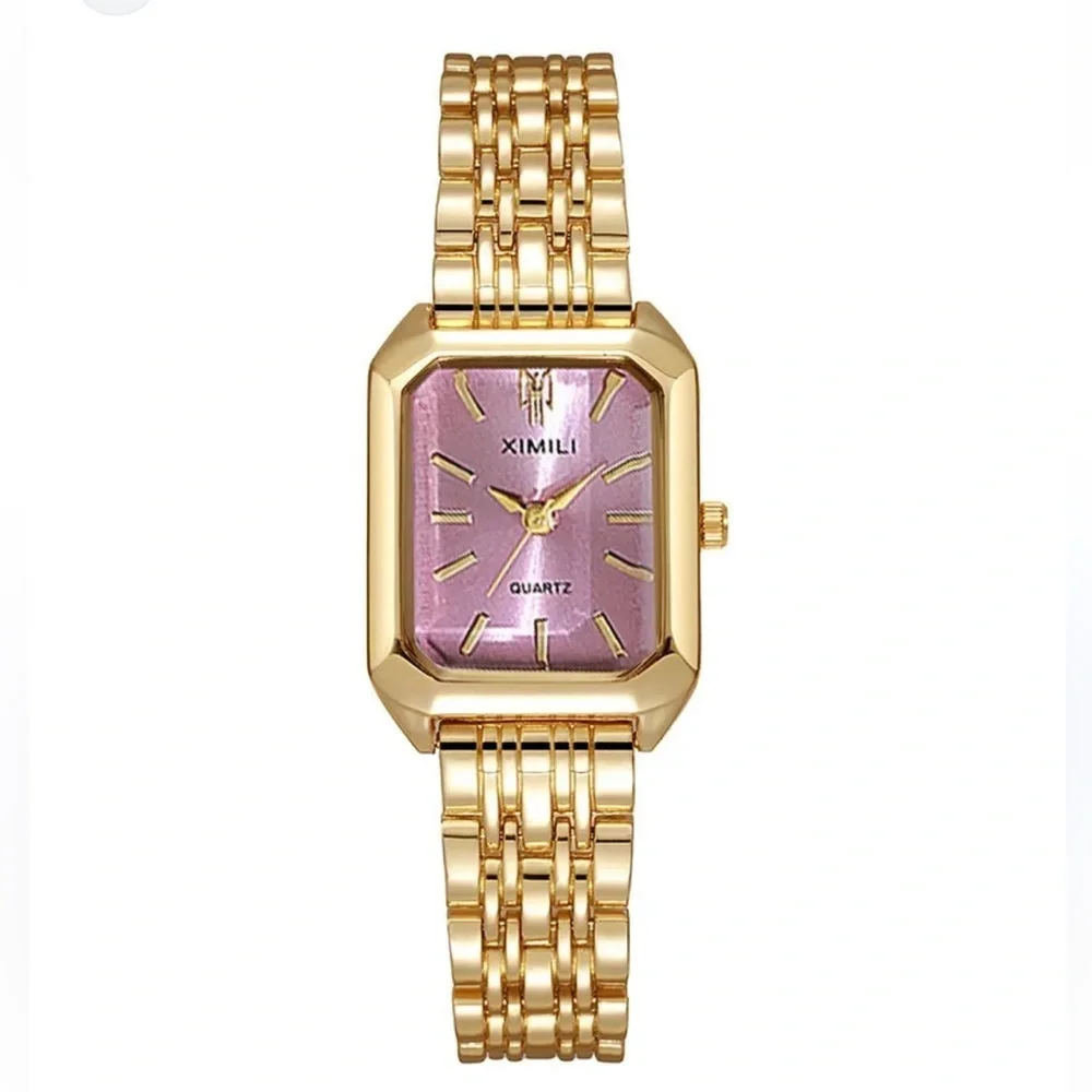 Anthropologie Gold Bracelet Watch with Pink Dial